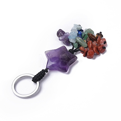 Natural Amethyst Star with Mixed Gemstone Chips Beaded Tassel Keychains KEYC-P012-01P-03-1