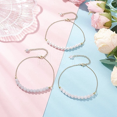 3Pcs 3 Colors Gemstone and Shell Pearl Round Beaded Ankelets AJEW-AN00707-1