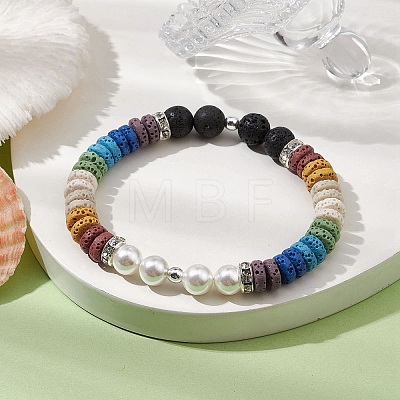 Disc 7-Color Natural Lava Rock & 8mm Round Shell Pearl Beaded Stretch Bracelets for Women Men BJEW-JB10330-02-1