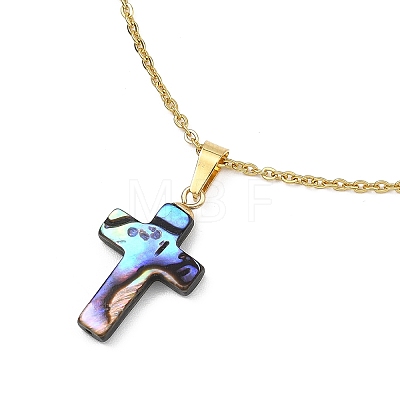 Natural Abalone Shell Religion Cross Pendant 304 Stainless Steel Cable Chain Necklaces for Women NJEW-JN06003-1