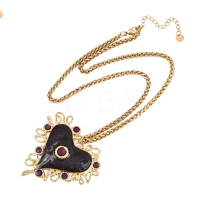 304 Stainless Steel Enamel Heart Pendant Wheat Chain Necklaces NJEW-P430-04B-G-1
