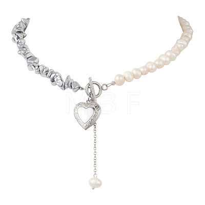Synthetic Non-magnetic Hematite Chip with Potato Natural Pearl Beaded Necklaces NJEW-JN05894-01-1