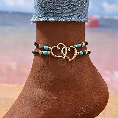 Glass Seed Beads & Alloy Heart Link Anklets WGBE152-05-1