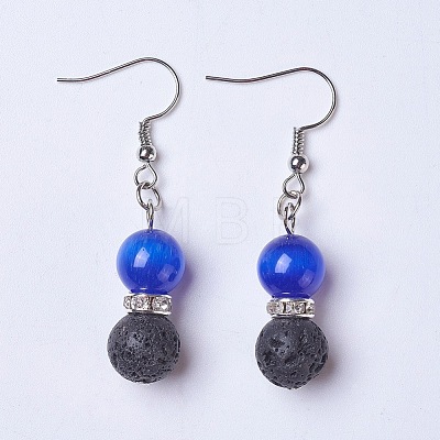 Cat Eye and Natural Lava Rock Dangle Earrings EJEW-JE03057-M-1