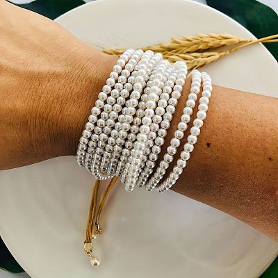 Adjustable Round Shell Pearl Multi-Strand Braided Bead Bracelets for Women WG86BBB-01-1