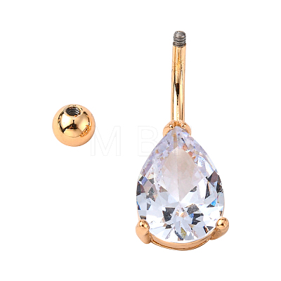 Real 18K Gold Plated Teardrop Brass Cubic Zirconia Navel Ring Navel Ring Belly Rings AJEW-EE0001-13B-1