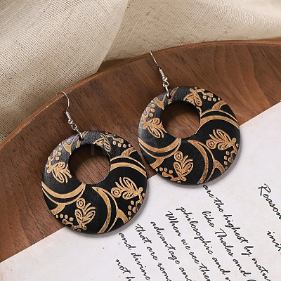 Flat Round Wood Dangle Earrings FS-WGF3184-07-1