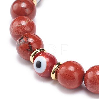 Natural Red Jasper & Lampwork Evil Eye Round Beaded Stretch Bracelet BJEW-JB08713-03-1