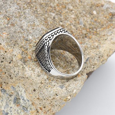 304 Stainless Steel with Natural Black Agate Finger Rings FS-WG67565-05-1