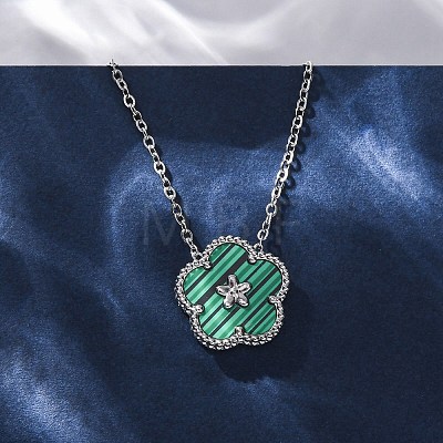 304 Stainless Steel Green Enamel 5-Petal Flower Pendant Necklaces for Women NJEW-U032-17P-01-1