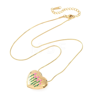 304 Stainless Steel Enamel Heart with Flower Pendant Necklaces for Women NJEW-D347-01G-01-1