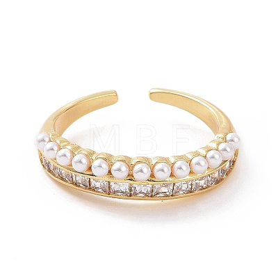 Clear Cubic Zirconia Open Cuff Ring with ABS Plastic Imitation Pearl Beaded RJEW-G283-01G-1