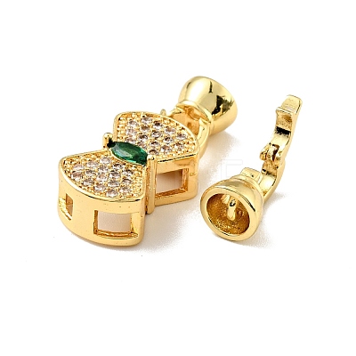 Rack Plating Brass Micro Pave Clear & Green Cubic Zirconia Fold Over Clasps KK-E034-33G-1