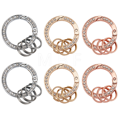 6Pcs 3 Colors Alloy Crystal Rhinestone Spring Gate Rings FIND-GF0007-96-1