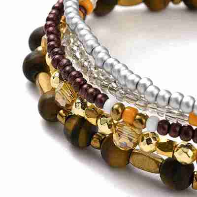 5Pcs 5 Style Natural Frosted Tiger Eye & Synthetic Hematite & Glass Sead Beads Stretch Bracelets Set BJEW-JB07670-01-1