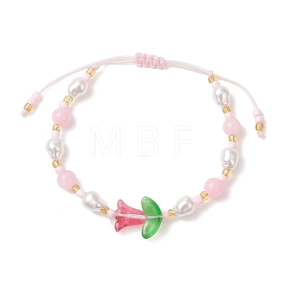 Natural Dyed Yellow Jade & Plastic Imitation Pearl Braided Bead Bracelets for Women BJEW-MZ00308-1