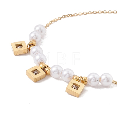 Square Cubic Zirconia Charm Bracelet with Acrylic Pearl BJEW-F396-20G-01-1