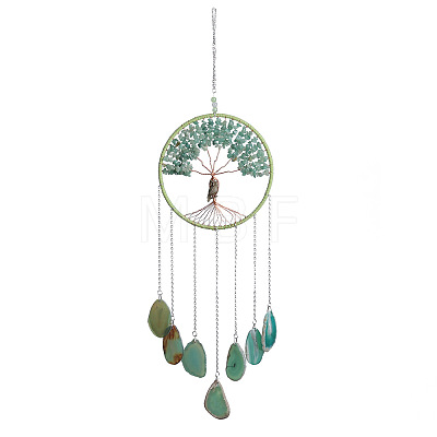 Brass Wire Wrapped Natural Green Aventurine Chips Tree of Life Pendant Decorations HJEW-D302-03-1