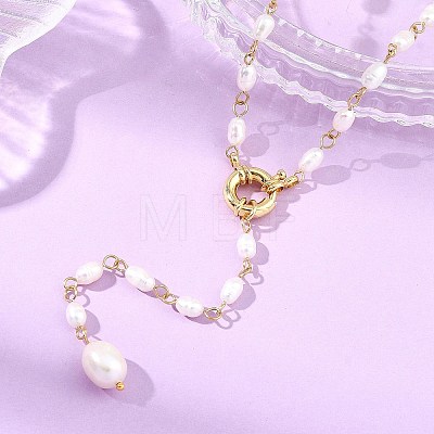 Adjustable 304 Stainless Steel Natural Pearl Rice Link Chain Lariat Y Tassel Necklaces for Women NJEW-JN06148-1