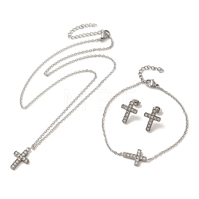 304 Stainless Steel Cross Pendant Necklaces & Bracelets & Stud Earrings Sets for Women SJEW-C004-12P-1