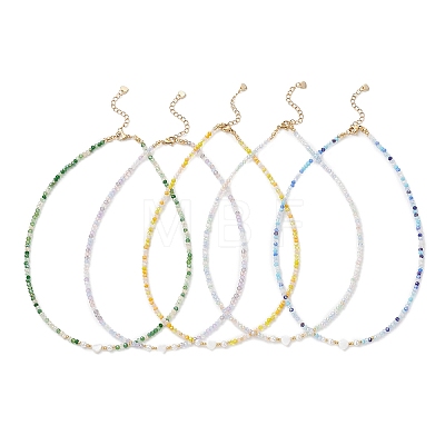Natural Shell Heart & AB Color Plated Glass Faceted Rondelle Beaded Necklaces NJEW-JN05863-1