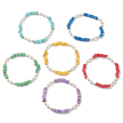 6Pcs 6 Colors Natural Freshwater Shell Chip & ABS Plastic Imitation Pearl Beaded Stretch Bracelets BJEW-JB12727-1