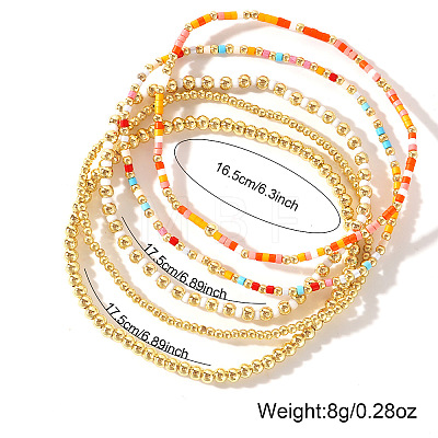 5Pcs 5 Styles Round Brass & Column Glass Seed Beads Stretch Bracelets YH8018-4-1