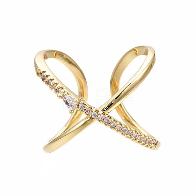 Real 18K Gold Plated Brass Criss Cross Cuff Ring RJEW-S045-130-NF-1