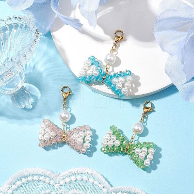 Bowknot Shell Pearl & Glass Pendants Decorations HJEW-TA00218-1