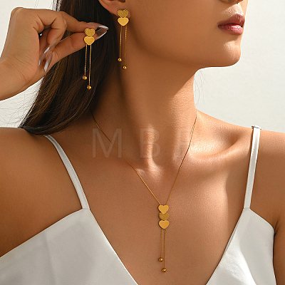 Elegant Stainless Steel Heart Pendant Lariat Necklace & Earrings Bracelet Set for Women Party Gift LF0816-1