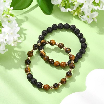 Adjustable Natural Tiger Eye and Natural Lava Rock Stretch Bracelets BJEW-JB14150-02-1