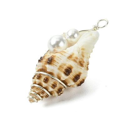 Natural Scallop Shell & Round Shell Pearl Pendants PALLOY-TA00197-01-1