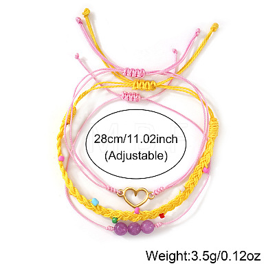3Pcs 3 Styles Natural Amethyst & Glass Round Beads Braided Bead Bracelets & Stainless Steel Heart Link Bracelets LB7339-2-1