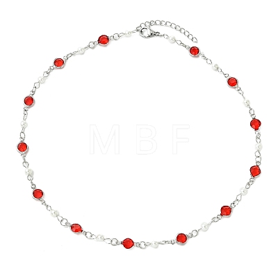 304 Stainless Steel Glass Flat Round Link Chain Necklaces with Shell Pearl for Women NJEW-JN06160-1