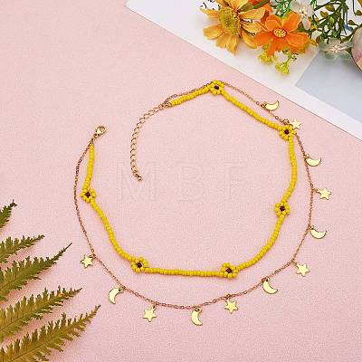 Glass Seed Braided Flower Double Layer Necklace NJEW-SW00015-01-1