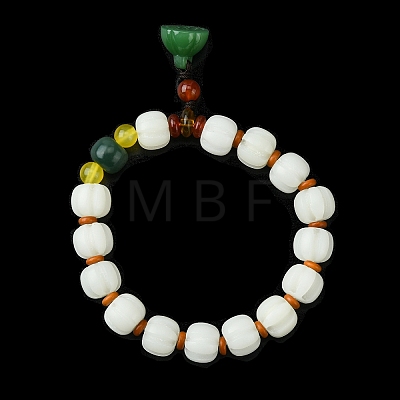 Dyed Natural Topaz Jade & Bodhi Wood Beaded Stretch Bracelet with Lotus Charms for Women BJEW-R310-02-1
