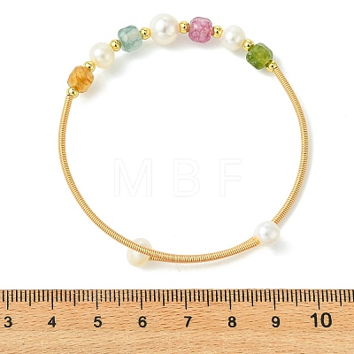 Copper French Wire & Round Natural Multicolor Tourmaline & Cultured Freshwater Pearl Cuff Bangle for Women BJEW-JB13991-1