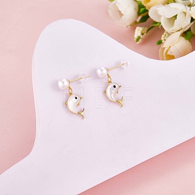 Natural Pearl with White Shell Dolphin Dangle Stud Earring JE1004A-1