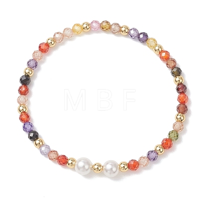 Cubic Zirconia & Shell Pearl Round Beaded Stretch Bracelets for Women BJEW-JB13280-1