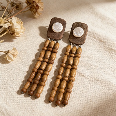 Wood & Imitation Pearl Stud Earrings WGE84F1-01-1