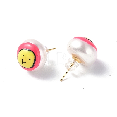 Natural Shell Smiling Face Stud Earrings with Enamel EJEW-G334-04A-1