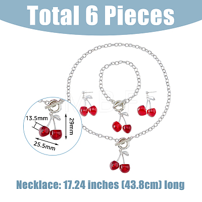 2 Set 2 Color Resin Cherry Pendant Necklace & Charm Bracelet & Dangle Stud Earrings SJEW-FI0001-18-1
