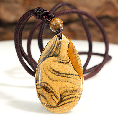 Natural Picture Jasper Teardrop Pendant Adjustable Cotton Cord Long Necklaces for Women WG5FD2E-01-1