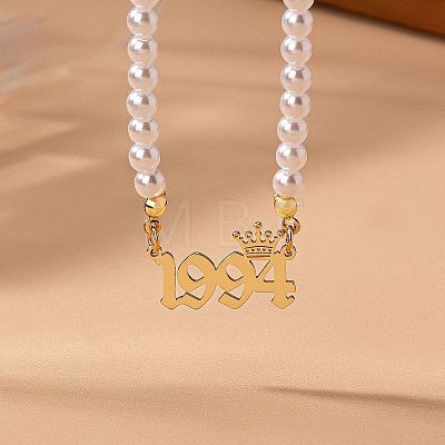 Alloy Crown Birth Year Pendant Imitation Pearl Round White Beaded Necklaces for Women FS-WG173C9-34-1