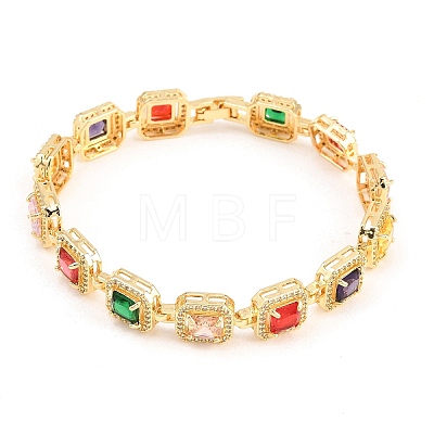 Square Brass Micro Pave Clear Cubic Zirconia and Glass Link Chain Bracelets BJEW-T025-04G-02-1