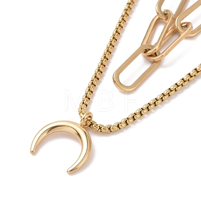 Vacuum Plating 304 Stainless Steel Double Chains Multi Layered Necklace with Crescent Moon Charm for Women STAS-E155-27G-1