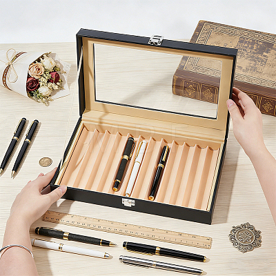 Black PU Leather Pen Organizer Boxes with Clear Glass Visible Window Lid CON-WH0107-129A-1