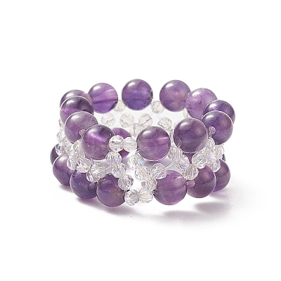 Natural Amethyst & Glass Braided Beaded Stretch Ring for Women RJEW-JR00546-02-1