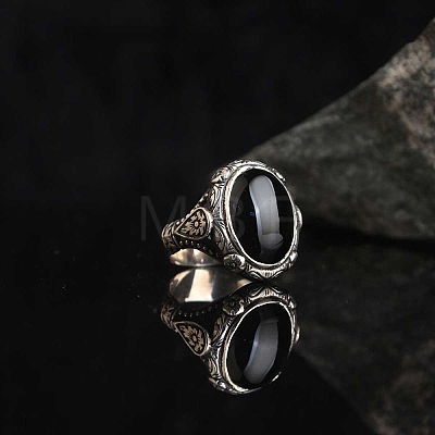 Oval Natural Black Agate Finger Rings PW-WG03CB0-02-1