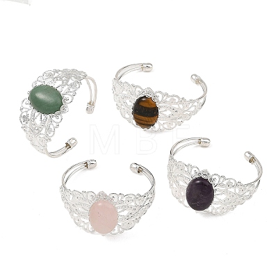 Oval Natural Mixed Stone Brass Hollow Floral Cuff Bangles for Women BJEW-JB14504-1